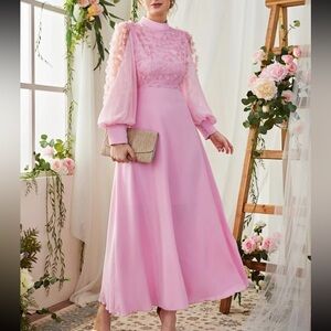 Pink Long Sleeve Gown with Mock Neck and Bishop Sleeves